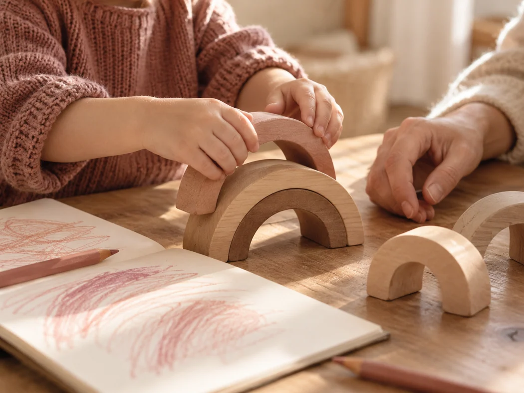 Manos de un niño explorando piezas de madera junto a una persona adulta. Imagen editorial ilustrativa.